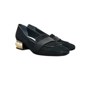 Anne Fontaine Black Suede & Leather Pearl Heel Loafers Size 37 7